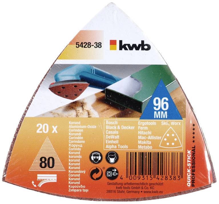 Nalepka izdelka za brusilno ploščo. Vsebuje logotipe blagovne znamke, granulacija 80, premer 96 mm, 20 kosov. EAN črtna koda spodaj.