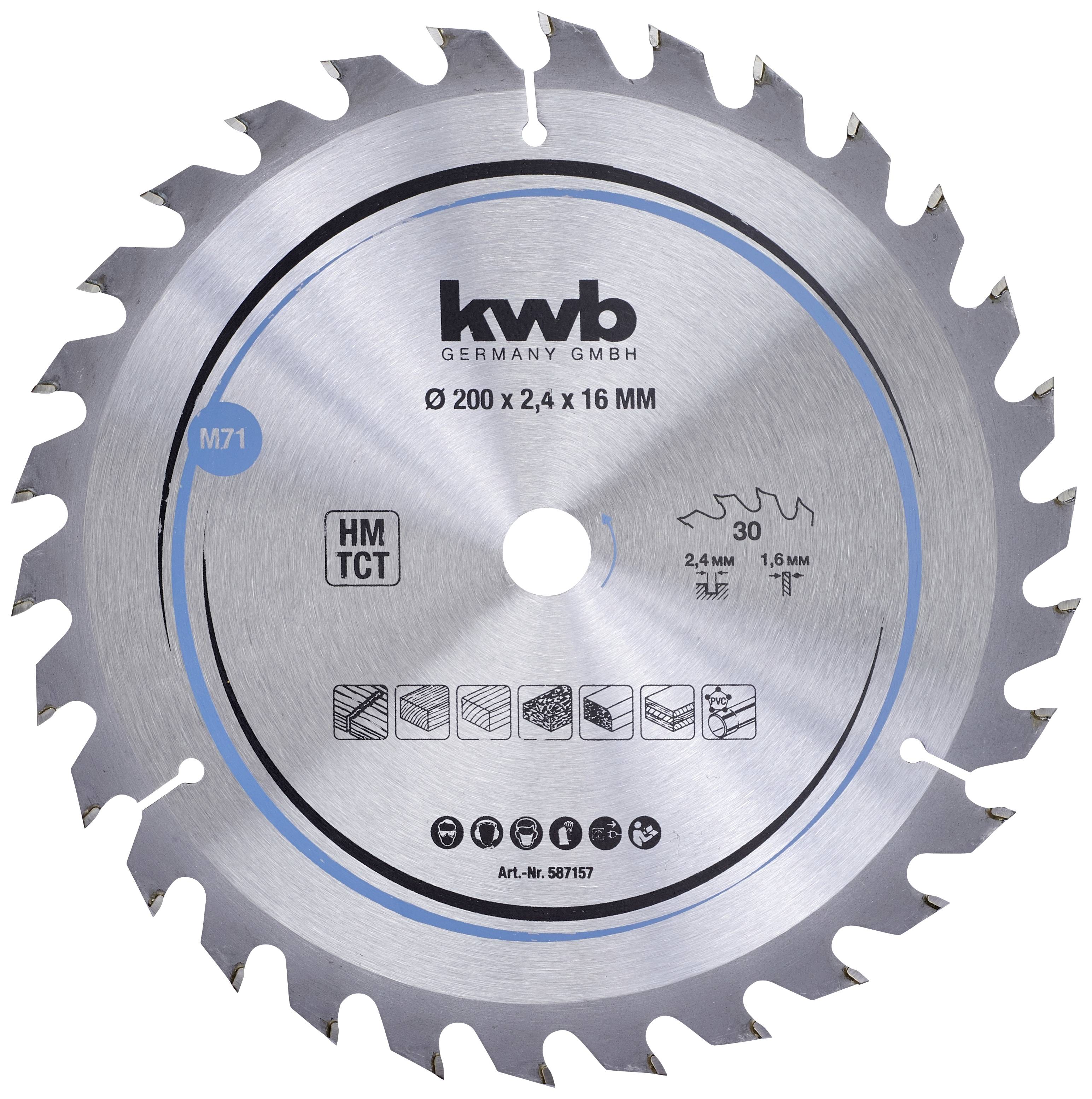 KWB krožna žaga HM TCT Ø 200 x 2,4 x 16 mm z zobmi za lesna dela. Vsebuje piktograme za združljivost materialov.