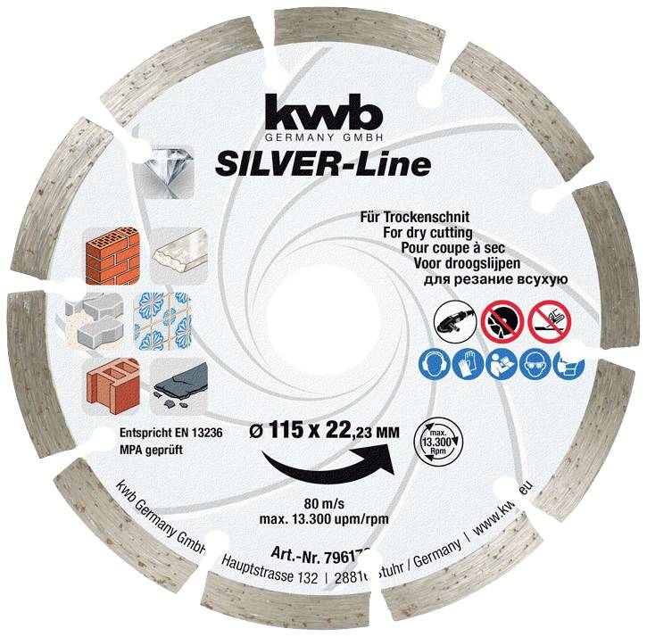 Žaginsko rezilo KWB Silver-Line, Ø115 mm, za suho rezanje. Prikazuje aplikacijske piktograme: opeka, beton, keramika.