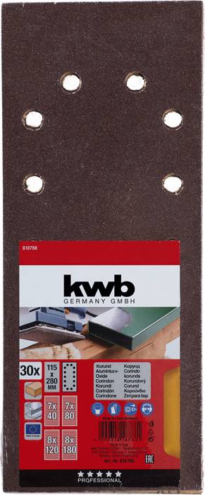 Rjav brusilni papir v bloku s šestimi luknjami, pod njim rdeča embalaža z logotipom 'kwb Germany GmbH', prikazuje uporabo izdelka.