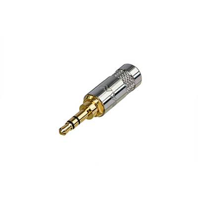 Posamezni zlati 3,5-mm avdio priključek s srebrnim ohišjem na beli podlagi.