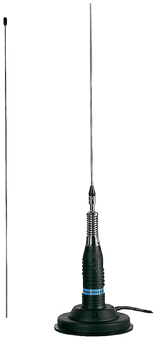 Vertikalna črna CB-radijska antena z vzmetno osnovo in magnetnim podstavkom. Primerna za komunikacijo na kratke do srednje razdalje.