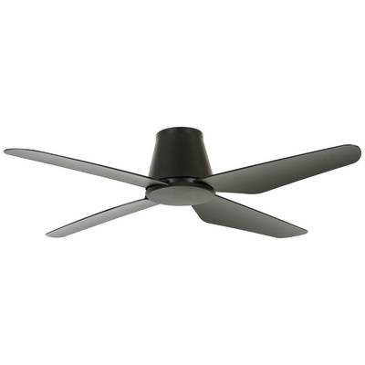 Črn stropni ventilator s štirimi ploščatimi, pravokotnimi krili.
