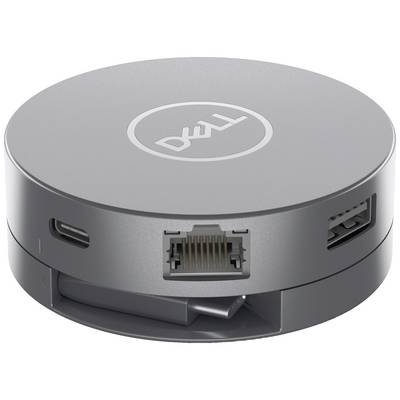 Kompakten, krožni adapter z logotipom Dell-a, ki ponuja priključke za USB-C, Ethernet in HDMI.