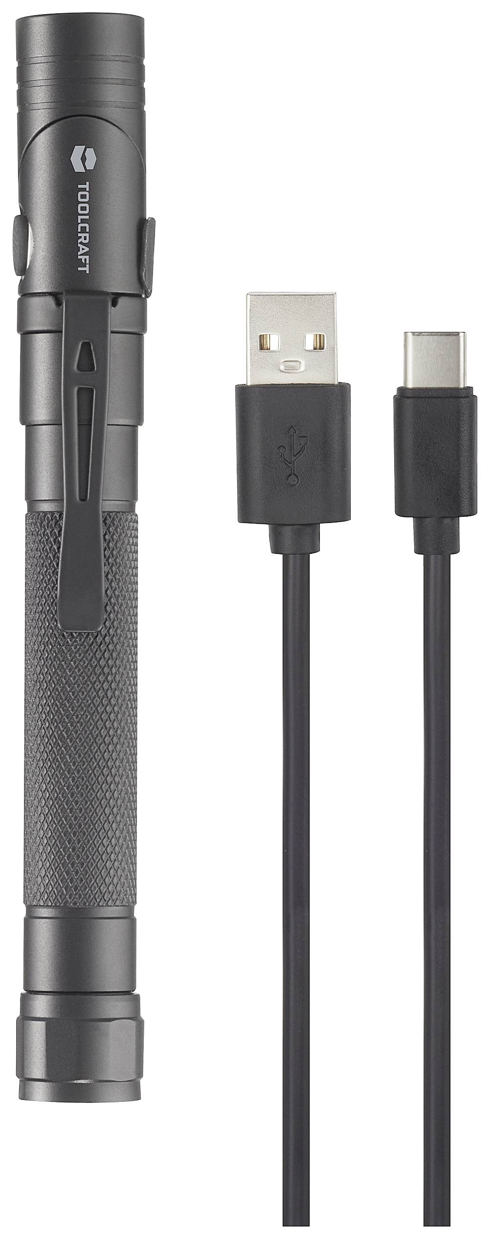 Ročna svetilka z USB-C polnilnim kablom, črne barve, s stransko sponko. Napis na svetilki: Toolcraft.