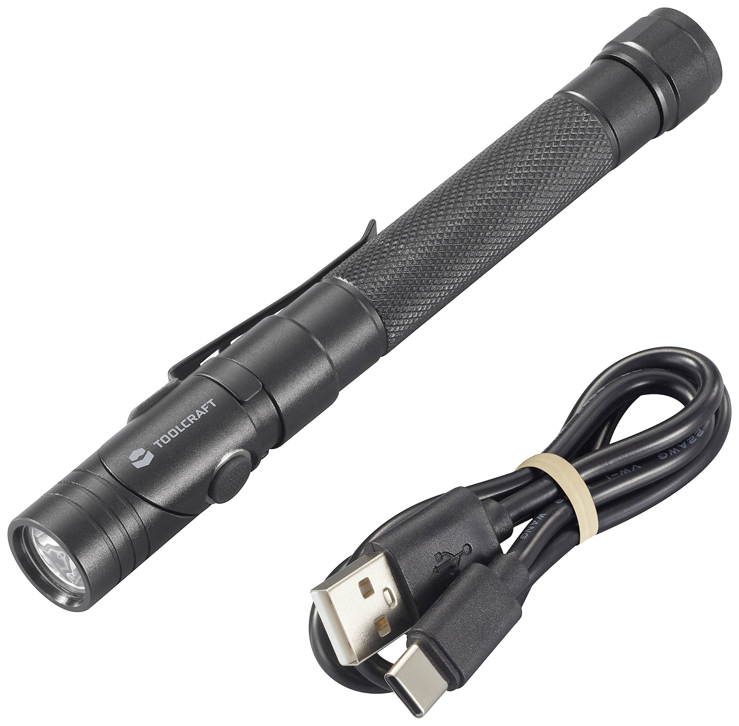 Kovinska ročna svetilka z USB-priključkom, zraven ustrezen polnilni kabel. Idealna za zunanja doživetja in nujne primere.