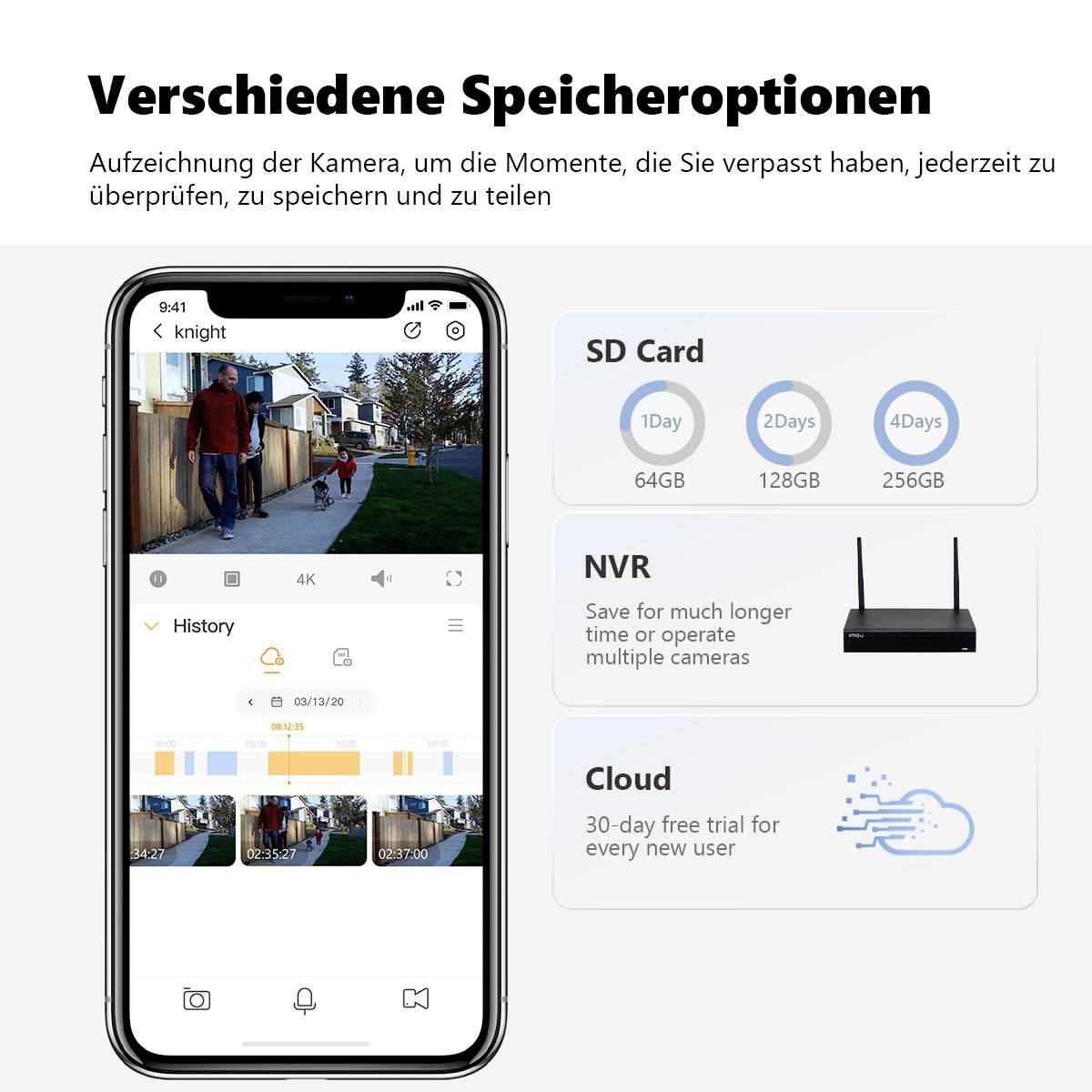 Pametni telefon prikazuje aplikacijo kamere z varnostnimi posnetki. Poleg so možnosti: SD-kartica (64 GB, 128 GB, 256 GB), NVR, shranjevanje v oblaku.