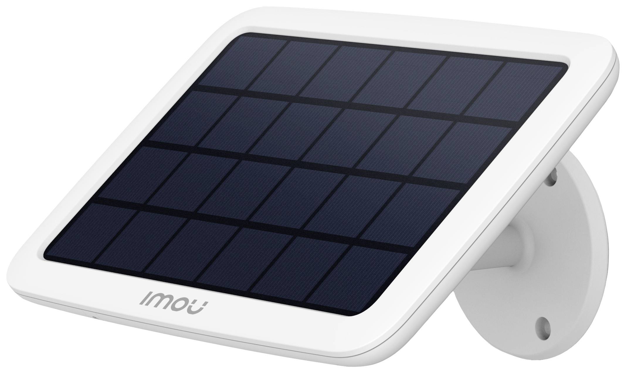 Bela sončna plošča za pritrjevanje na steno, označena z 'imou', prikazuje sprednjo stran s solarnimi celicami za izkoriščanje sončne energije.