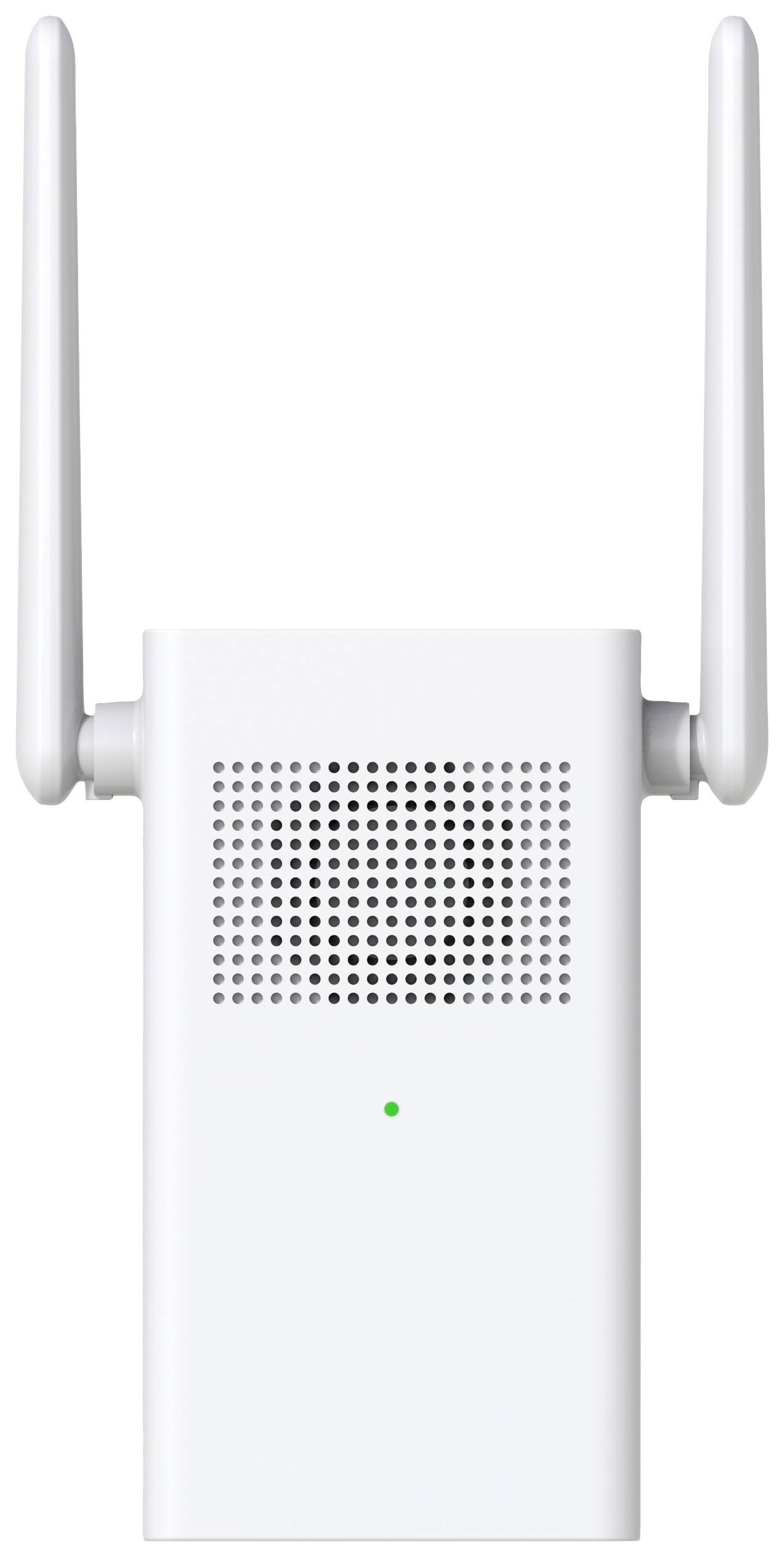 WLAN-repetitor z dvema antenama, bele barve, izboljšuje brezžična omrežja.