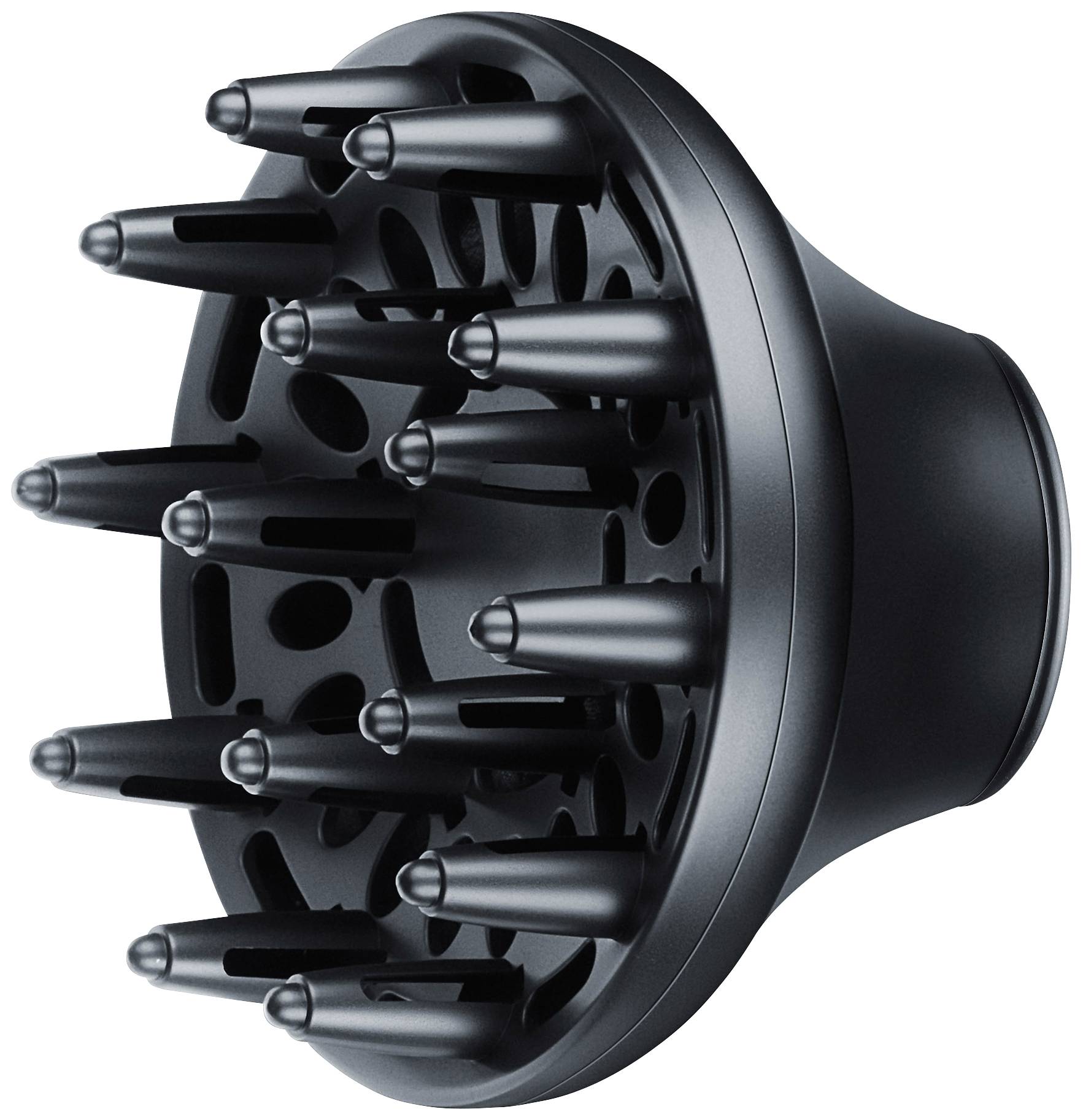 Črn difuzor za sušilnik las z več dolgimi, zaobljenimi konicami in luknjicami za enakomerno porazdelitev zraka.