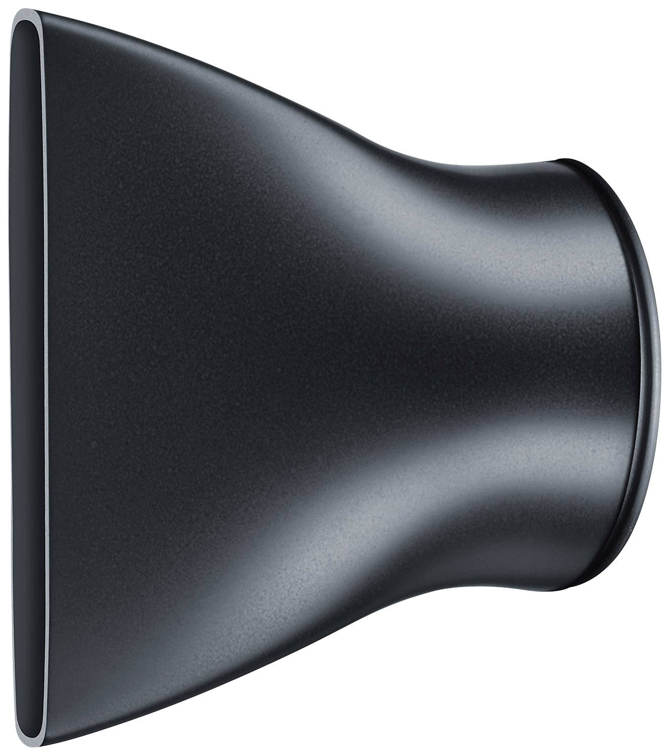 'Črn, stožčast predmet z veliko odprtino na levi strani. Verjetno nastavek za šobo na napravi za nego las.'