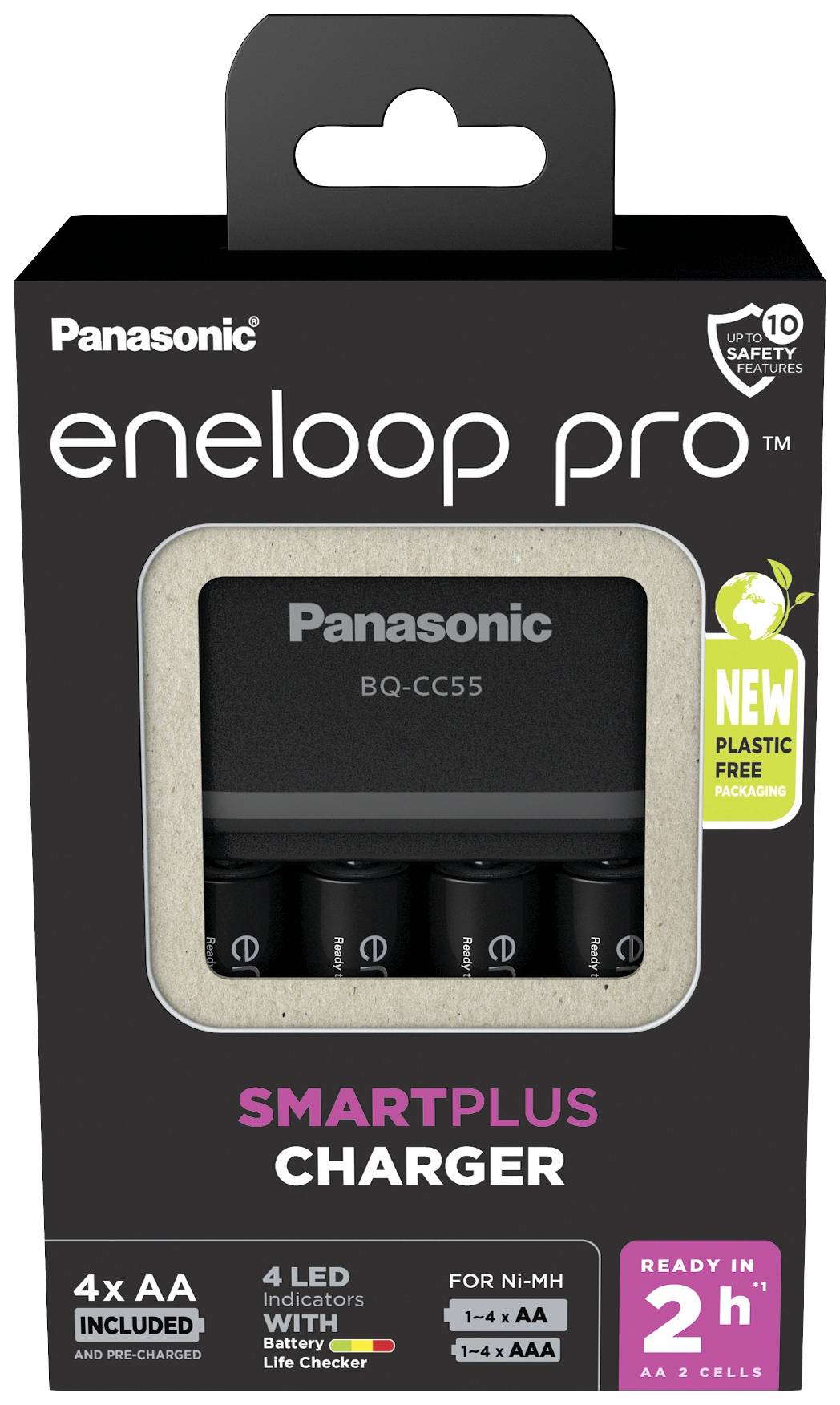 Polnilec baterij Panasonic z baterijami 'eneloop pro' AA. Embalaža poudarja 2-urni čas polnjenja in LED indikatorje za štiri baterije.