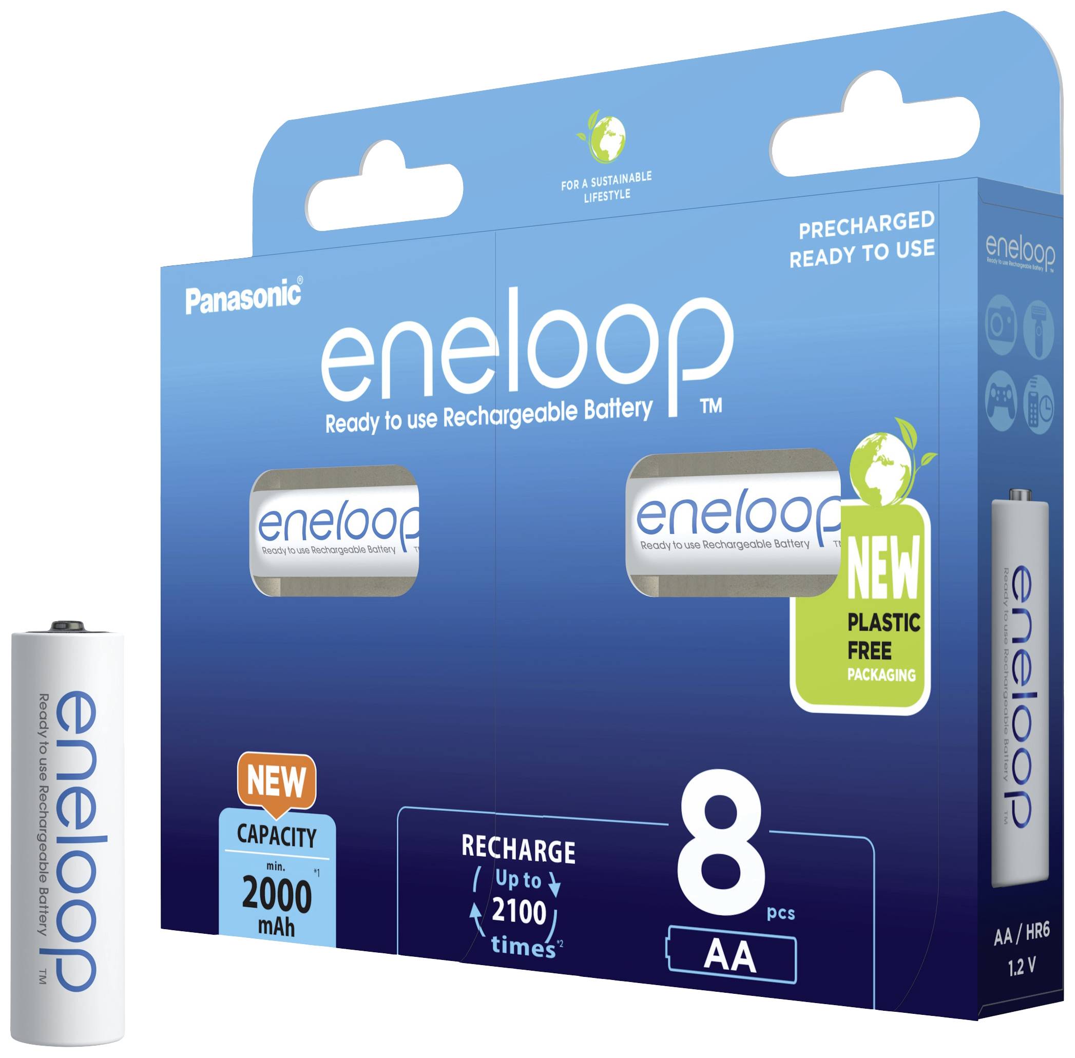 Polnilne baterije Panasonic eneloop, 8 kosov, 2000 mAh, predhodno napolnjene, okolju prijazna embalaža.
