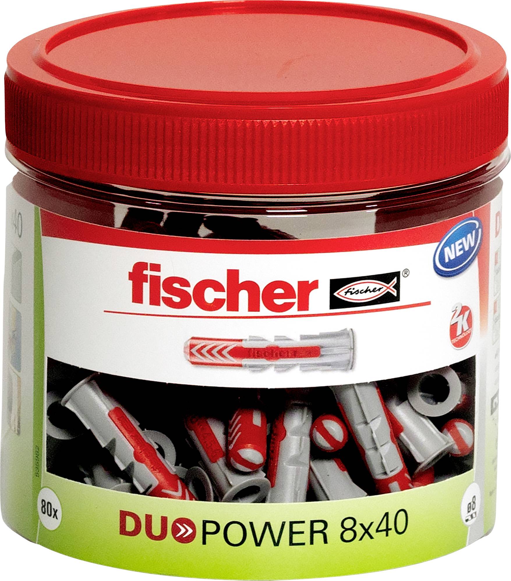 Posoda z 80 stenskimi čepoma Fischer marka DUOPOWER 8x40, namenjeni za varne pritrditve v različne materiale. Posoda ima rdečo pokrovko in nalepko.