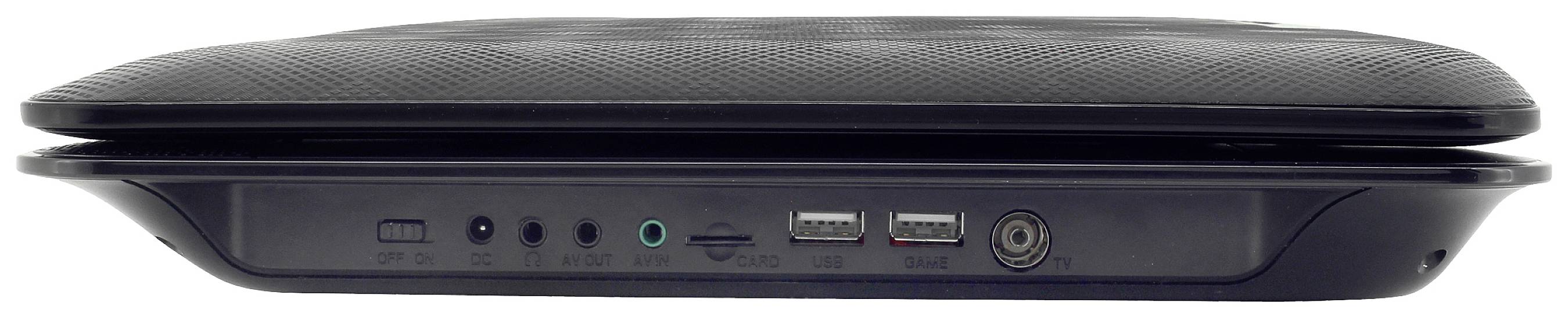 Prenosnik, viden s strani, prikazuje priključke: dva USB-porta, avdio vhod, napajalni priključek in prezračevalne reže.