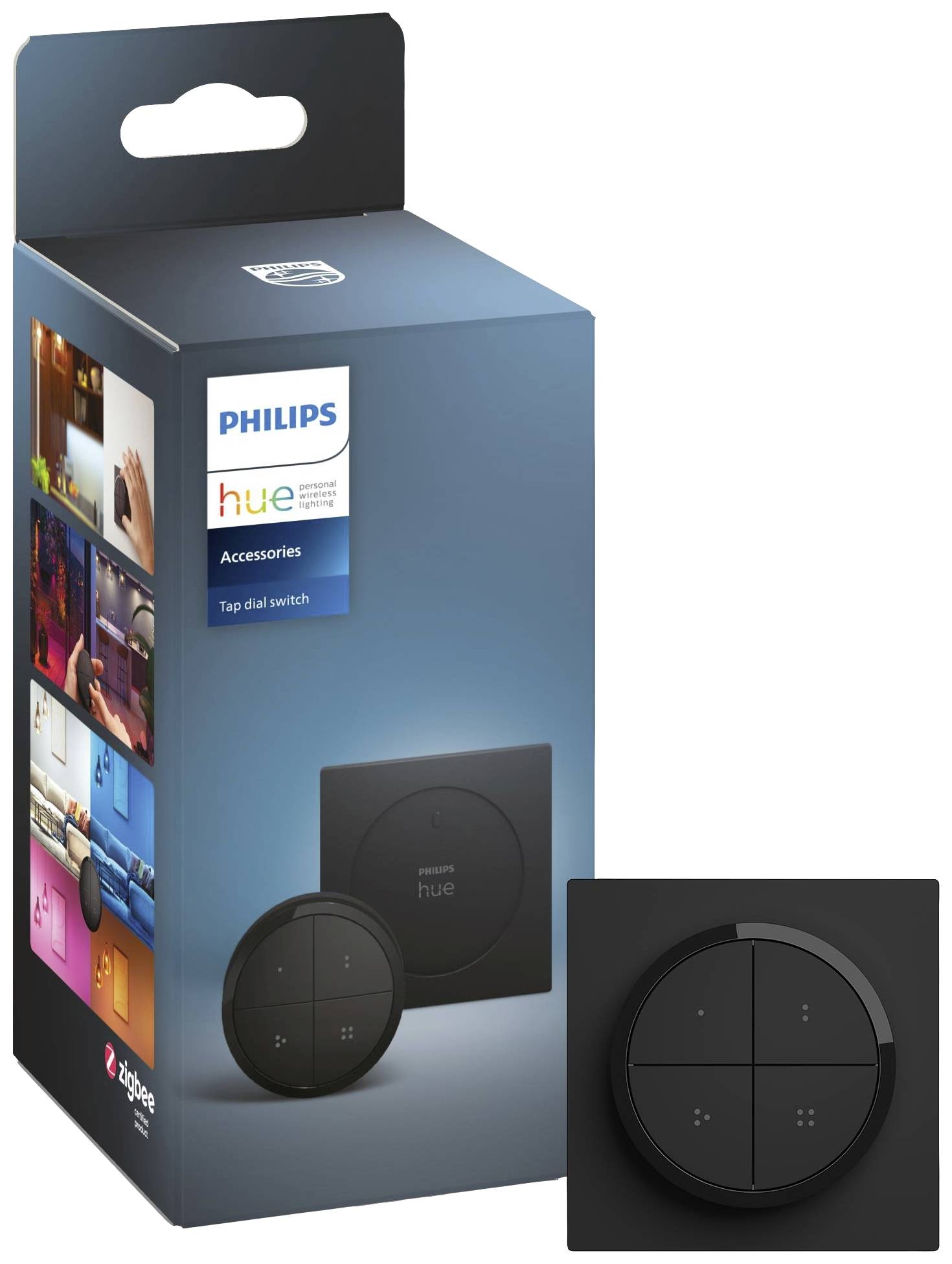 Črni Philips Hue Tap dial stikalo v embalaži, prikazuje štiri gumbe in vrtljivi gumb. Namenjen je upravljanju pametnih luči.