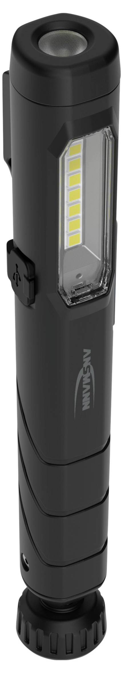 Črna svetilka z LED-trakom ob strani. Kompaktne velikosti, primerna za večnamensko uporabo.