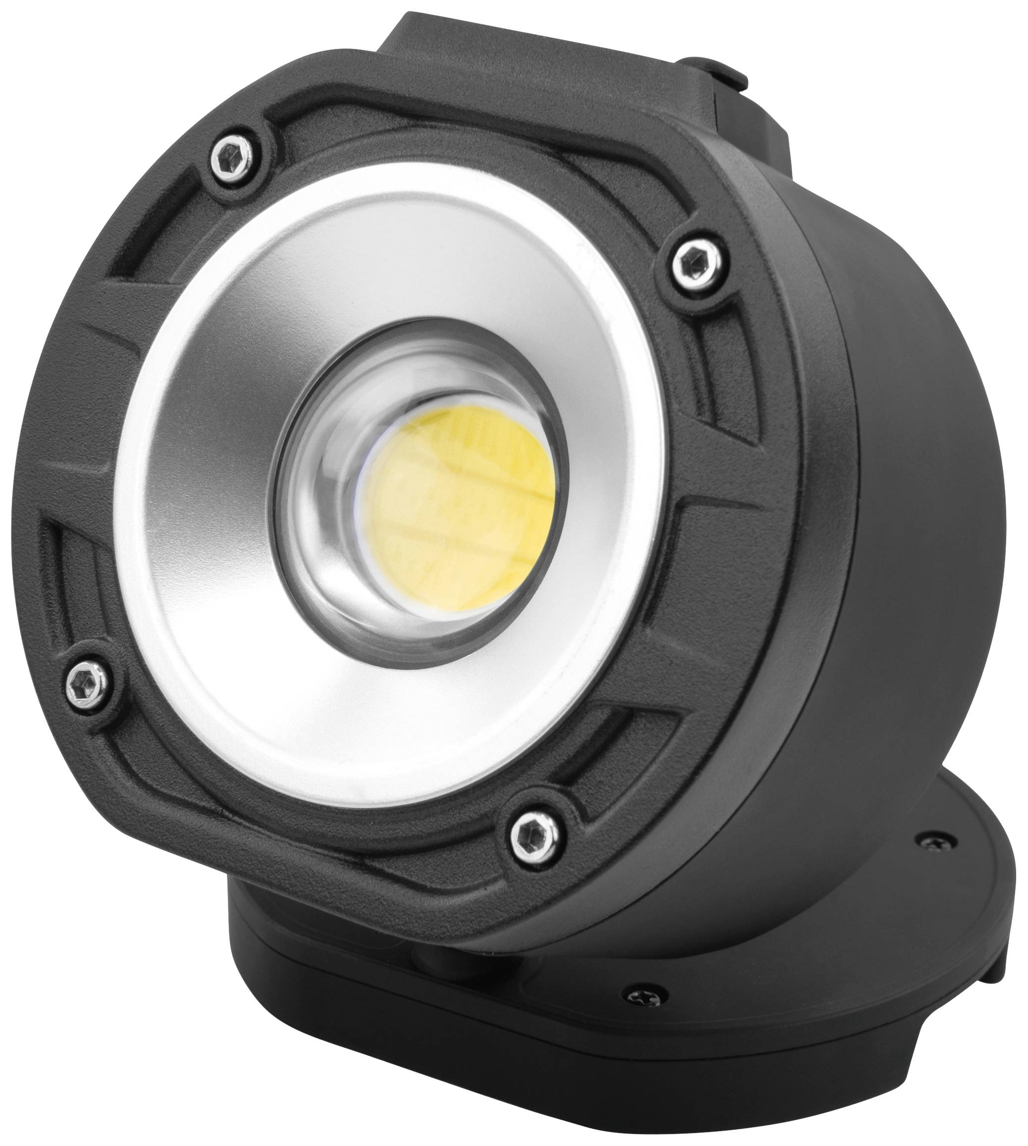 Črn, okrogel LED-reflektor s srebrnim odbojnikom in štirimi vidnimi vijaki na vogalih, nameščen na črnem držalu.