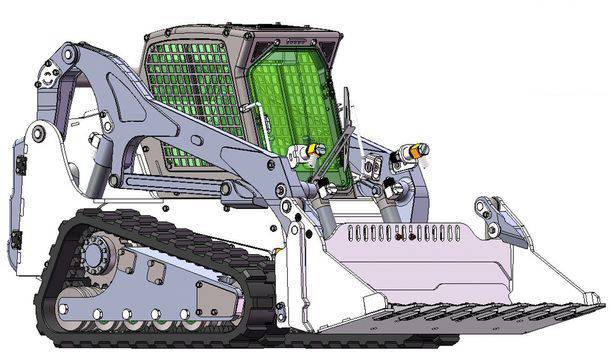 Ilustracija verižnega vozila s kompleksnim pogonom in zaščitno mrežo na sprednji strani, primerna za gradbena dela.