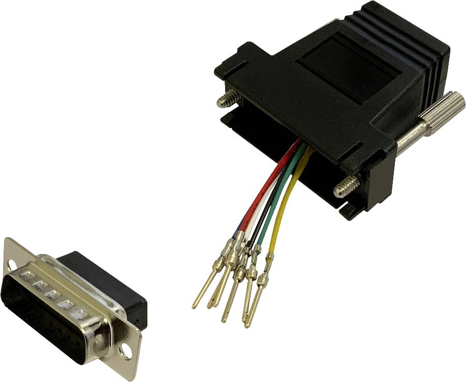 VGA adapter po delih. Levo del vtičnice s priključki, desno adapter s barvnimi kabli in priključki.