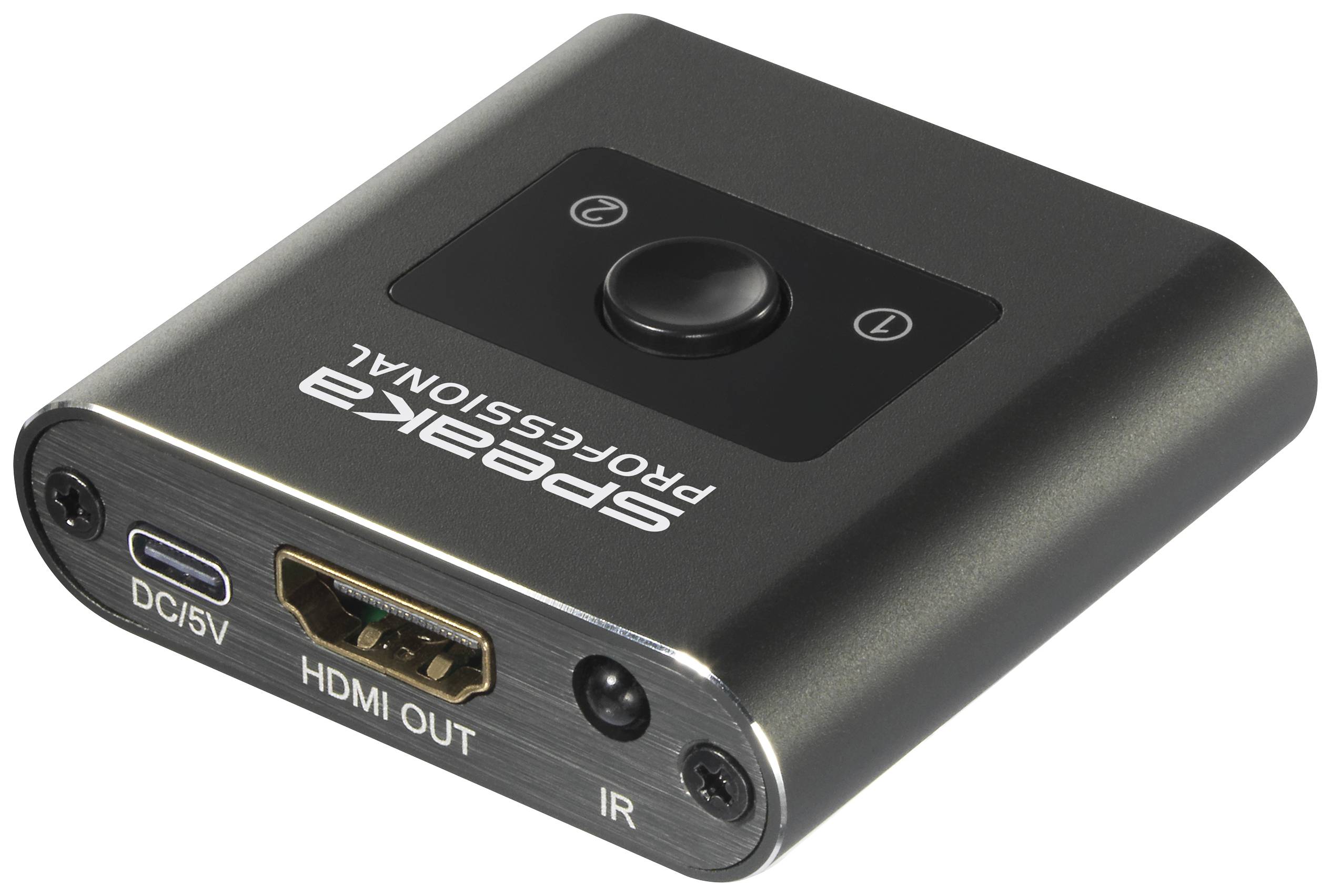 Črna naprava HDMI z izhodom, osrednjim gumbom in tremi priključki (DC/5V, HDMI OUT, IR) na sprednji strani.