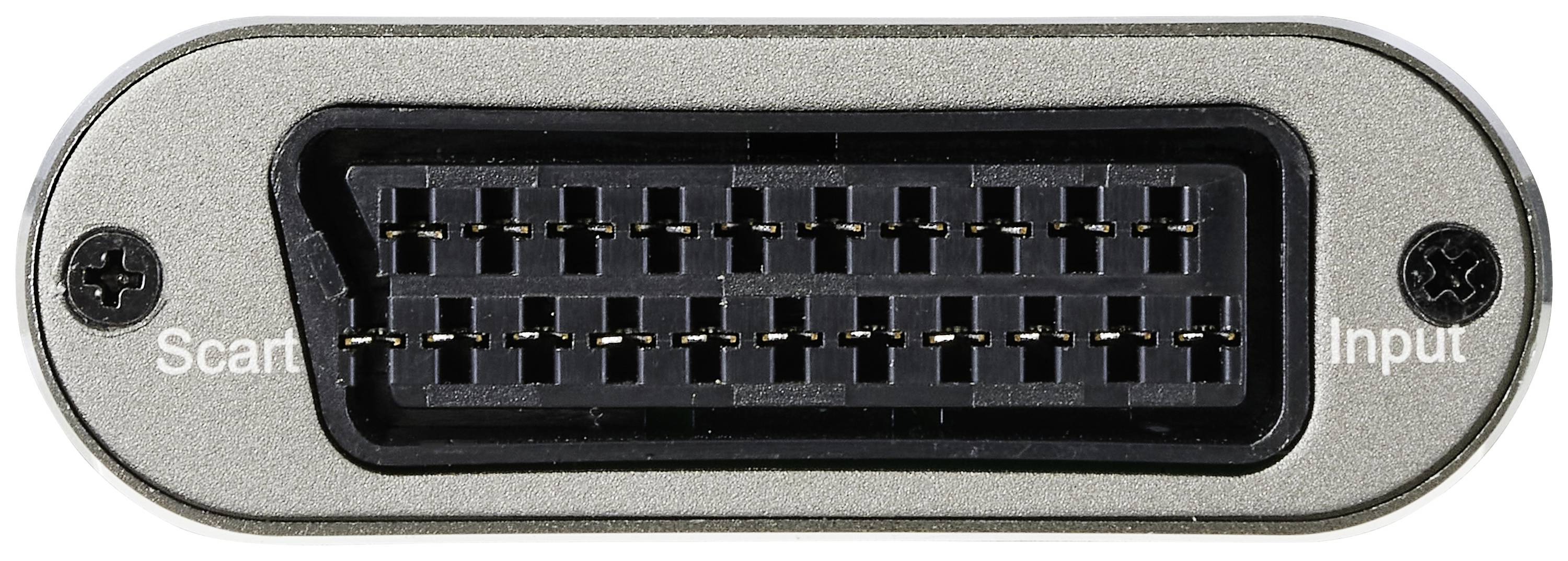SCART-priključek z 21 igli, obdan z kovinskim okvirjem. Levo označen z 'S' in desno z 'Input'.