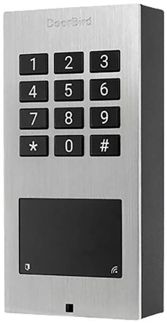 Kovinski sistem za nadzor dostopa s tipkovnico z numeričnimi tipkami od 0-9, tipkama za zvezdico in lestvico ter RFID čitalcem spodaj.