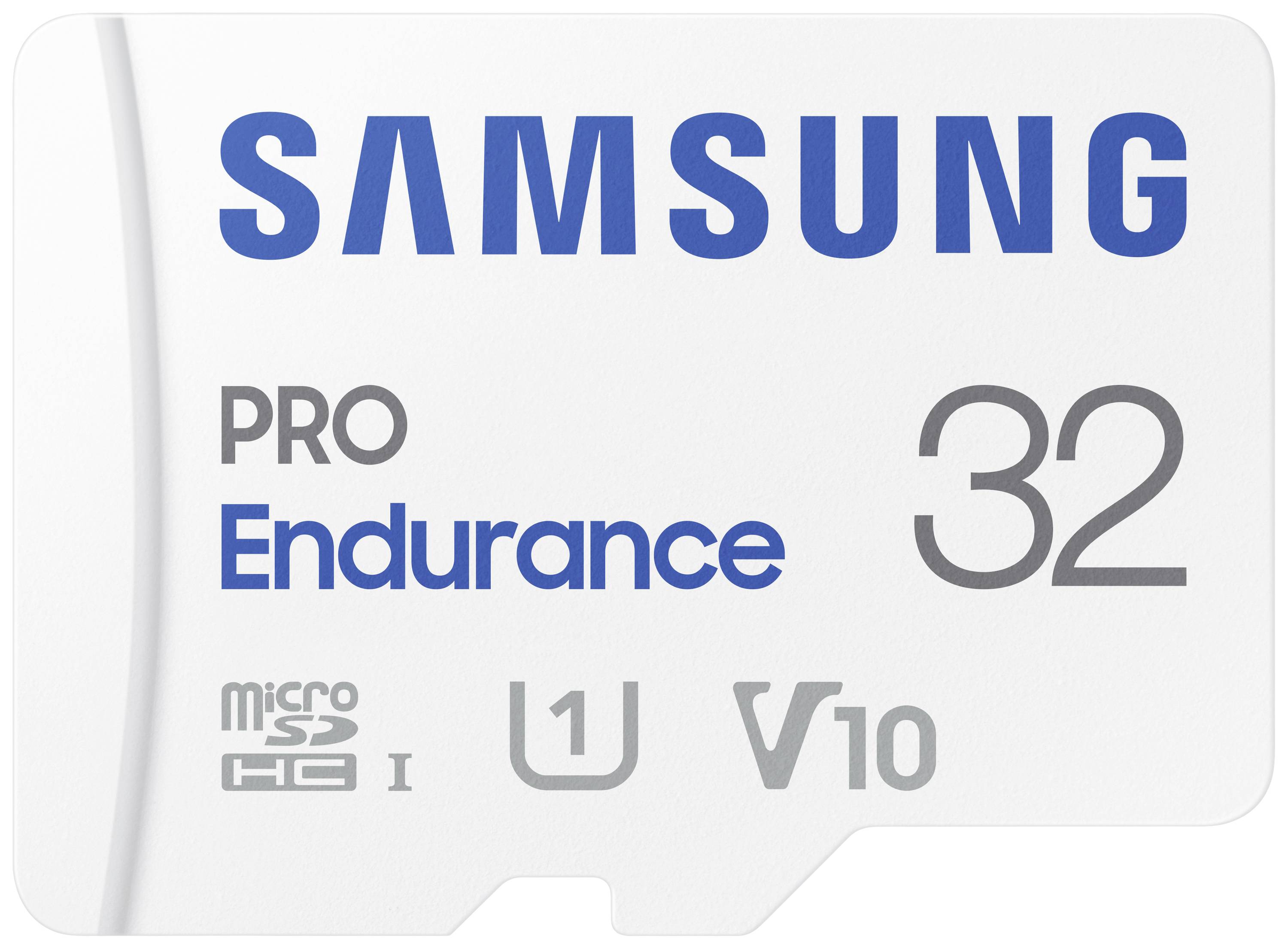 Bela Samsung PRO Endurance microSDHC kartica s 32 GB prostornino ter U1 in V10 klasifikacijama.