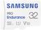 Bela Samsung PRO Endurance microSDHC kartica s 32 GB prostornino ter U1 in V10 klasifikacijama.