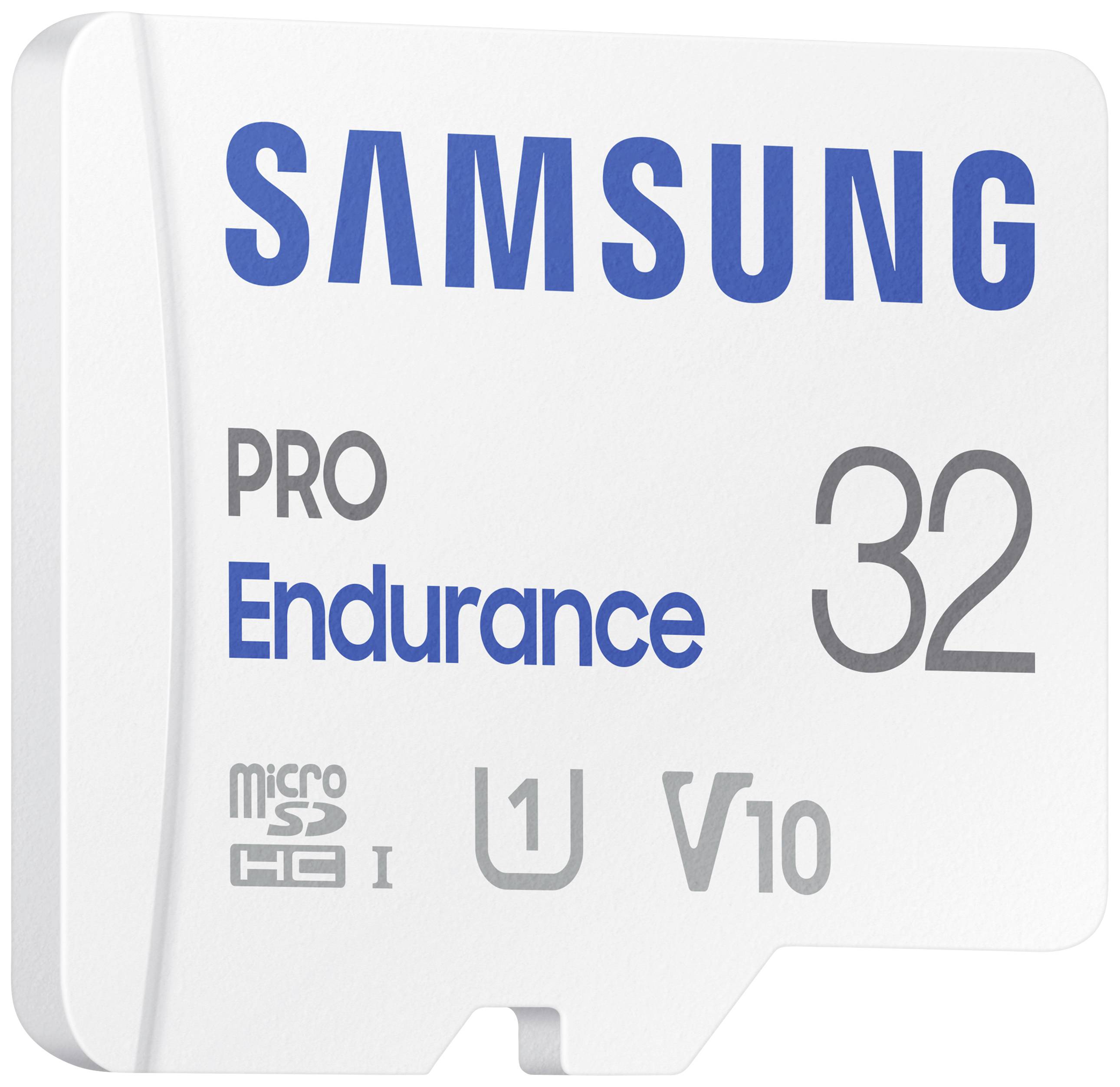 Bela Samsung PRO Endurance microSD kartica, 32 GB pomnilniške zmogljivosti.