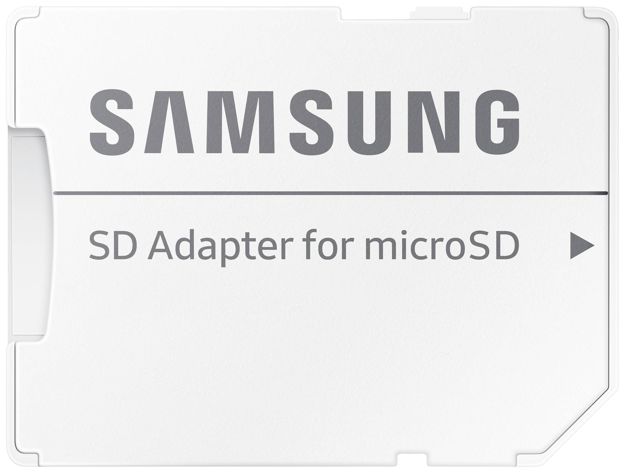 SD-adapter Samsung za microSD-kartice, prikazan v beli barvi z sivim tiskom.