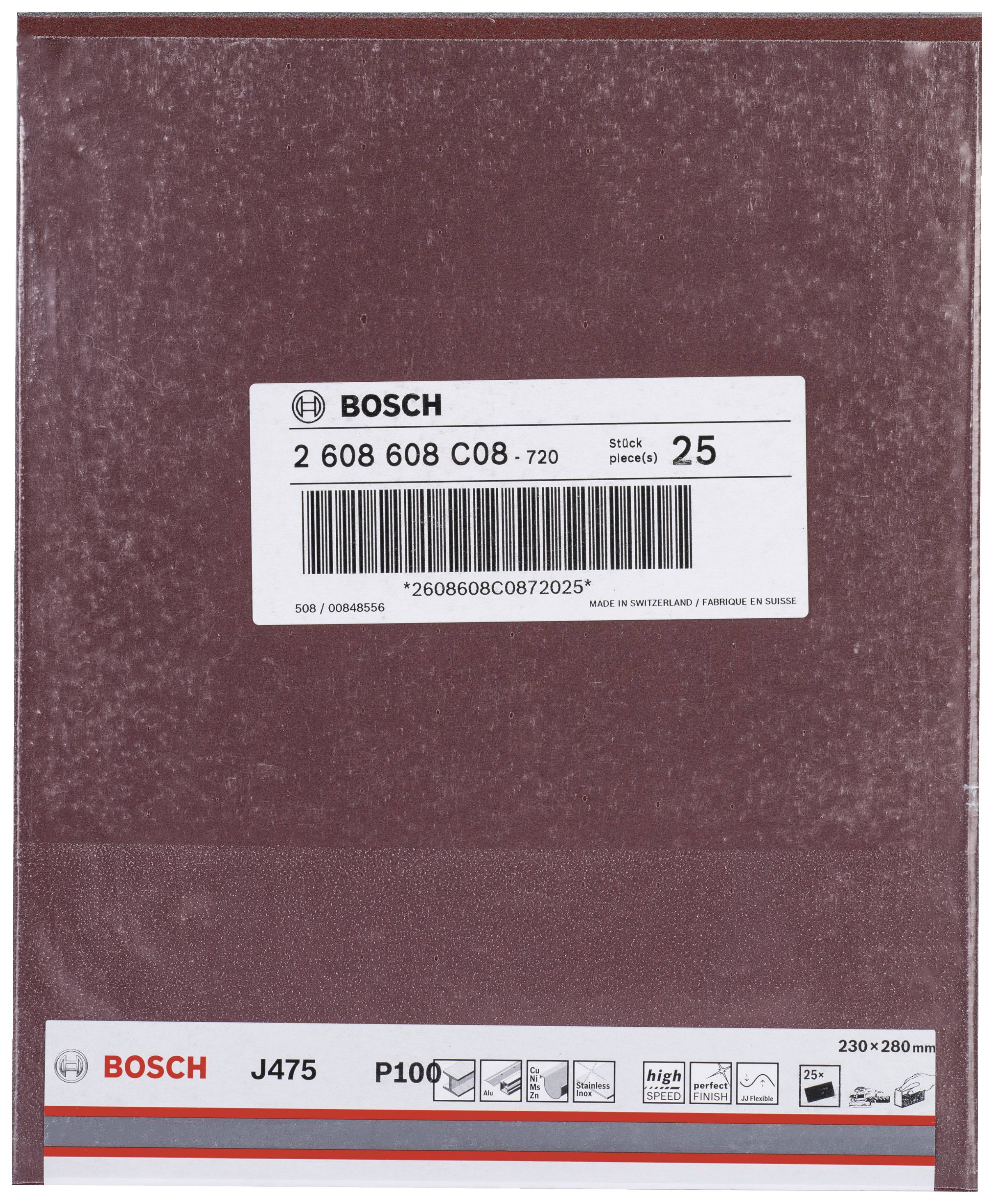 Embalaža brusilnega papirja Bosch, model J475, granulacija P100, 230x280 mm, z črtno kodo in kataloško številko '2 608 608 C08 - 720', količina 25.