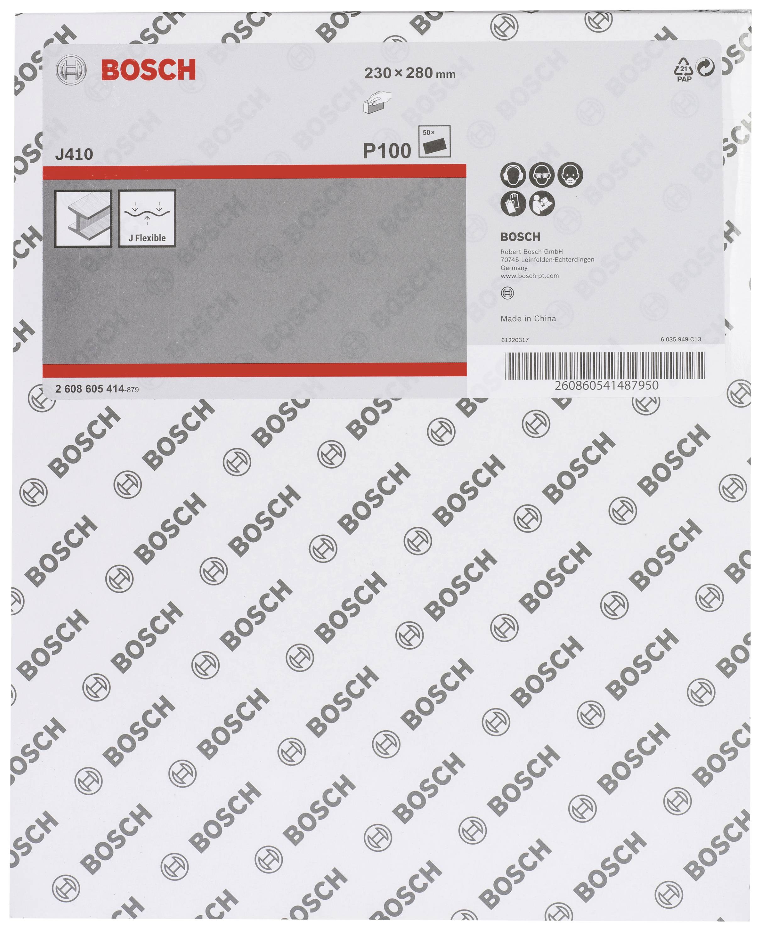 Brusni papir 'Bosch', dimenzije 230 x 280 mm, granulacija P100, produktna koda 2 608 605 414, izdelano na Kitajskem.
