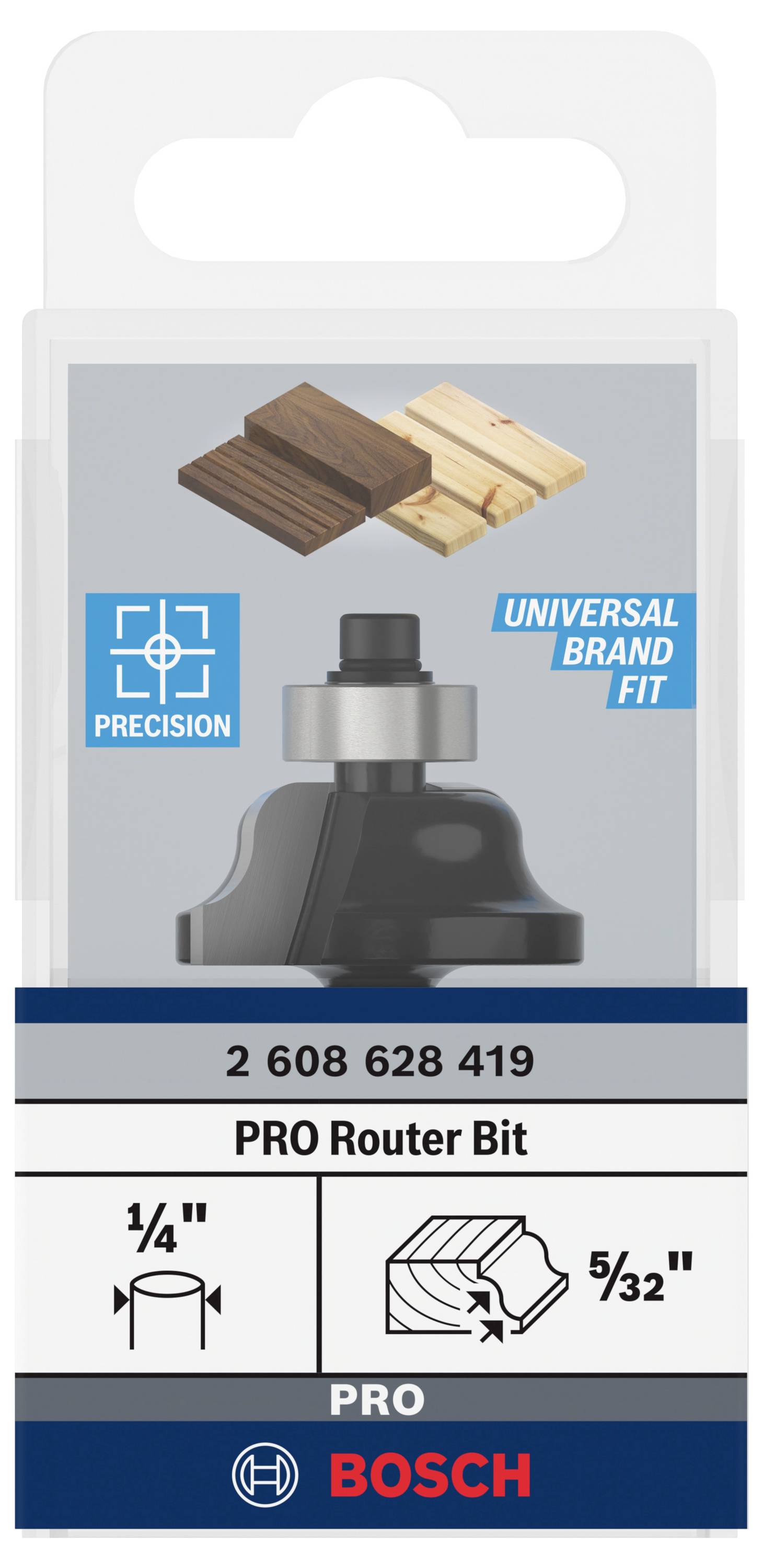 'PRO Router Bit' podjetja Bosch v embalaži. Primeren za frezanje lesa. Podrobnosti kažejo natančnost, univerzalno kompatibilnost in mere: 1/4 palca, 5/32 palca.