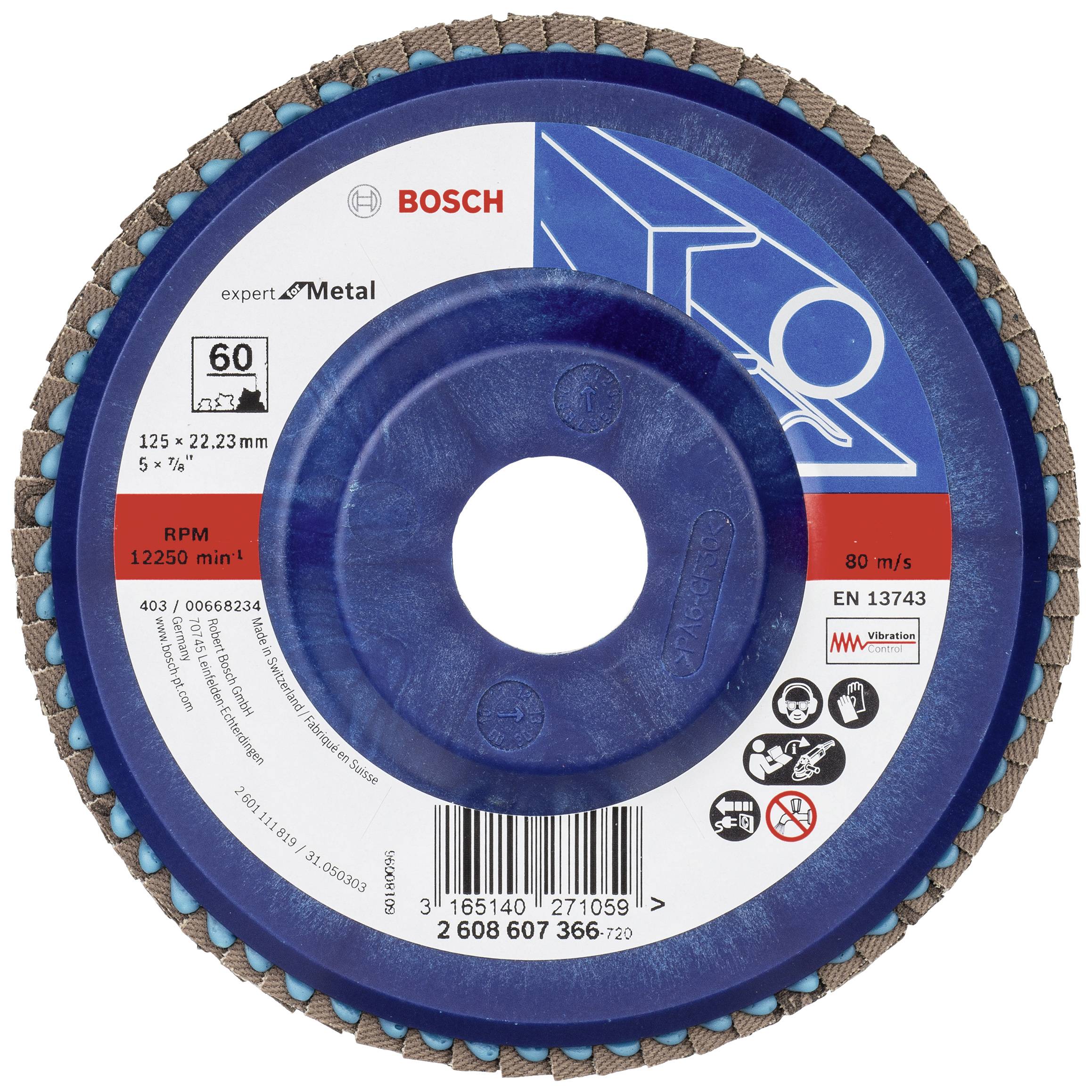 Brusilna plošča Bosch za obdelavo kovin, premer 125 mm, 12250 obratov na minuto, vsebuje simbole opozorila o hitrosti vrtenja.