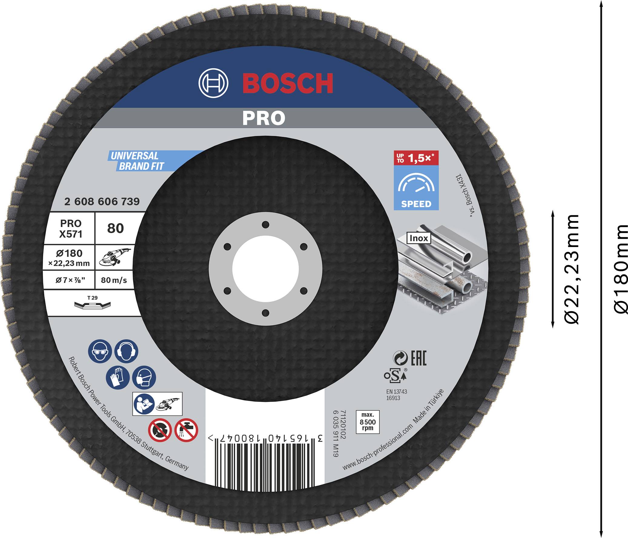 Brusni disk 'Bosch Pro' za nerjaveče jeklo, premer 180mm, debelina 22,23mm, z oznakami za maksimalno hitrost in varnostnimi standardi.