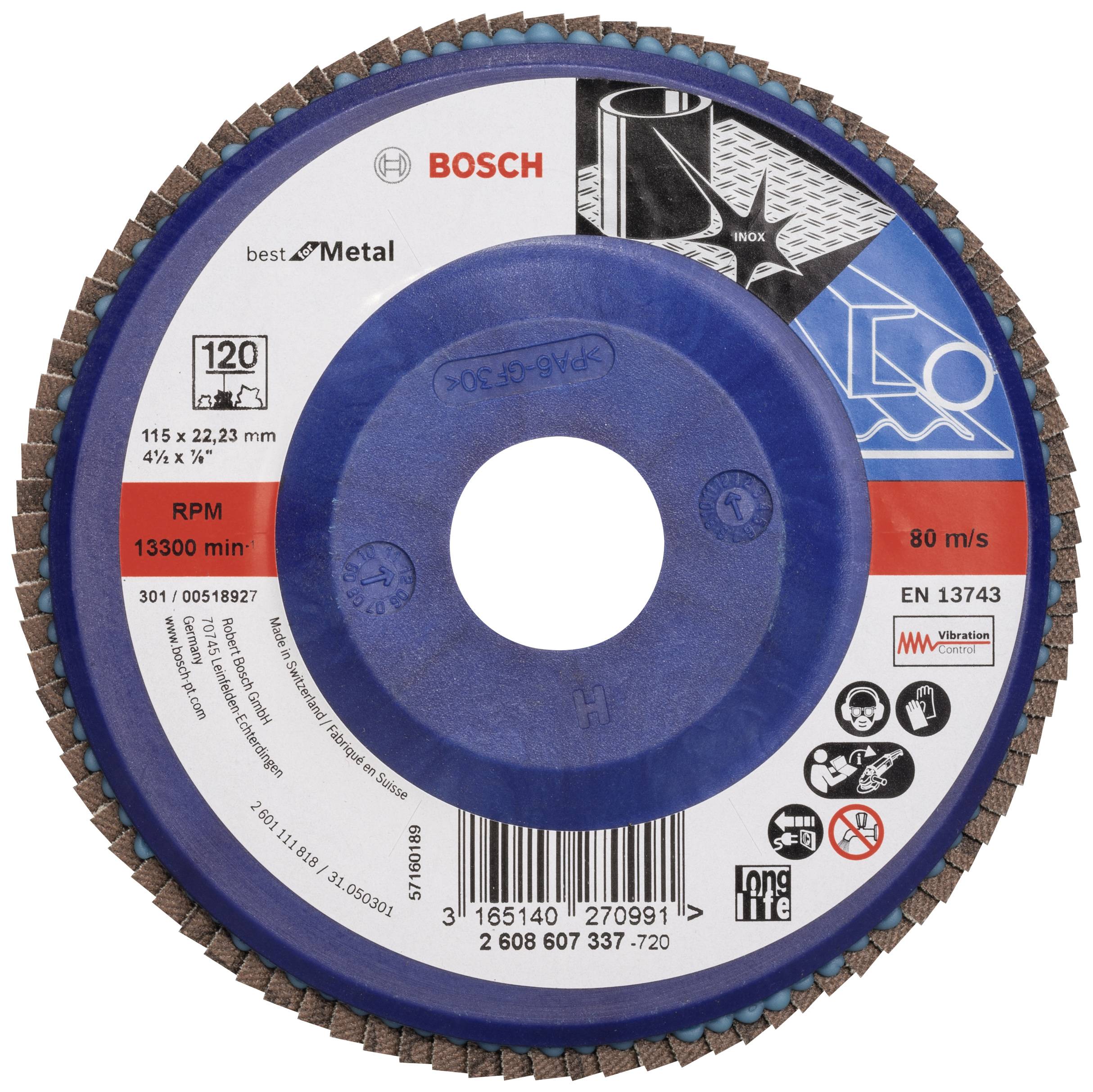 Brusni disk Bosch, primeren za kovino. Premer 115 mm. Maksimalno število obratov 13.300/min. Embalaža prikazuje uporabo brušenja.