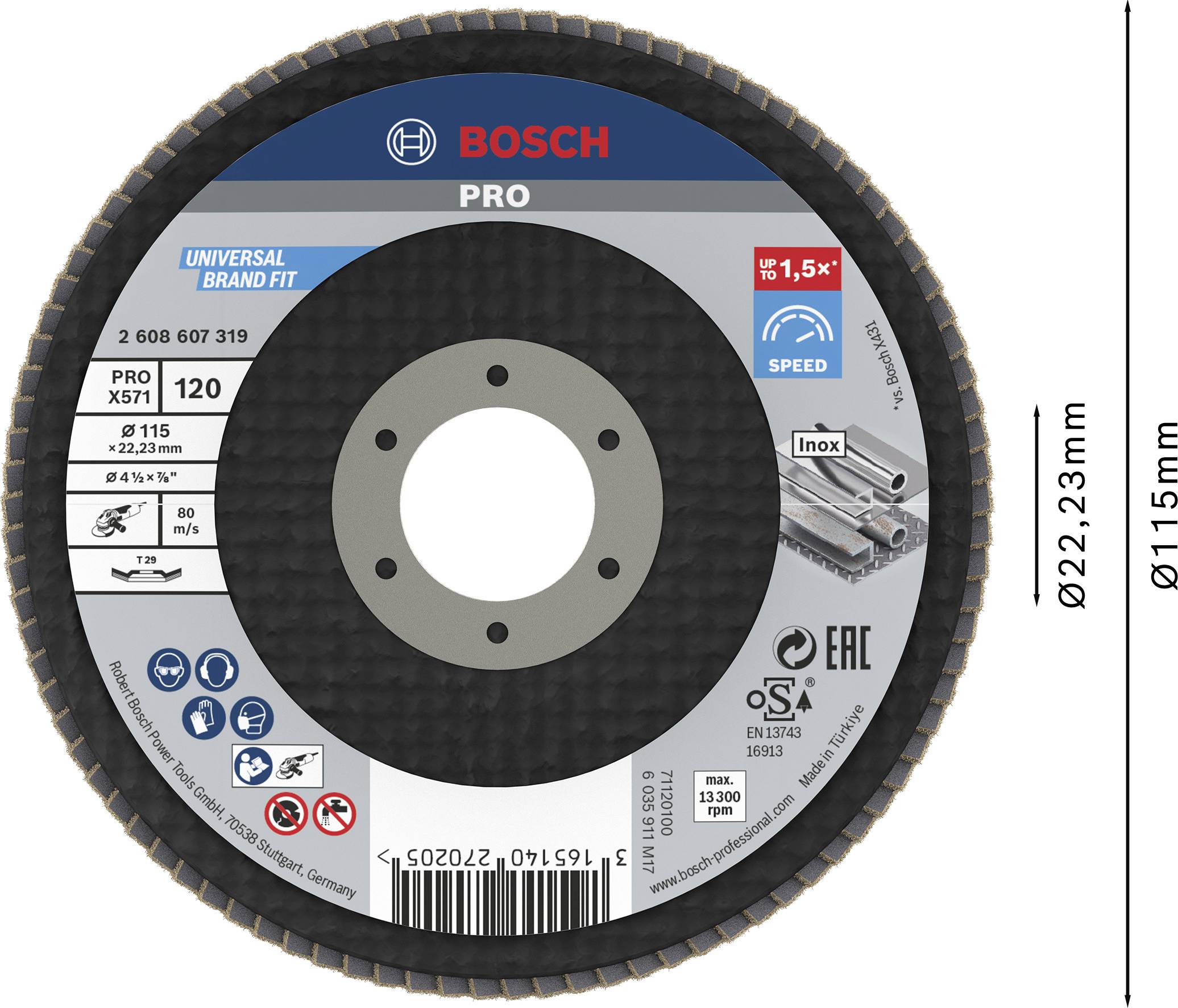 Okrogel brusni list z logotipom Bosch. Označen z 'PRO' in tehničnimi podrobnostmi: 'PRO X571 120', primeren za nerjavno jeklo, premer 115 mm.