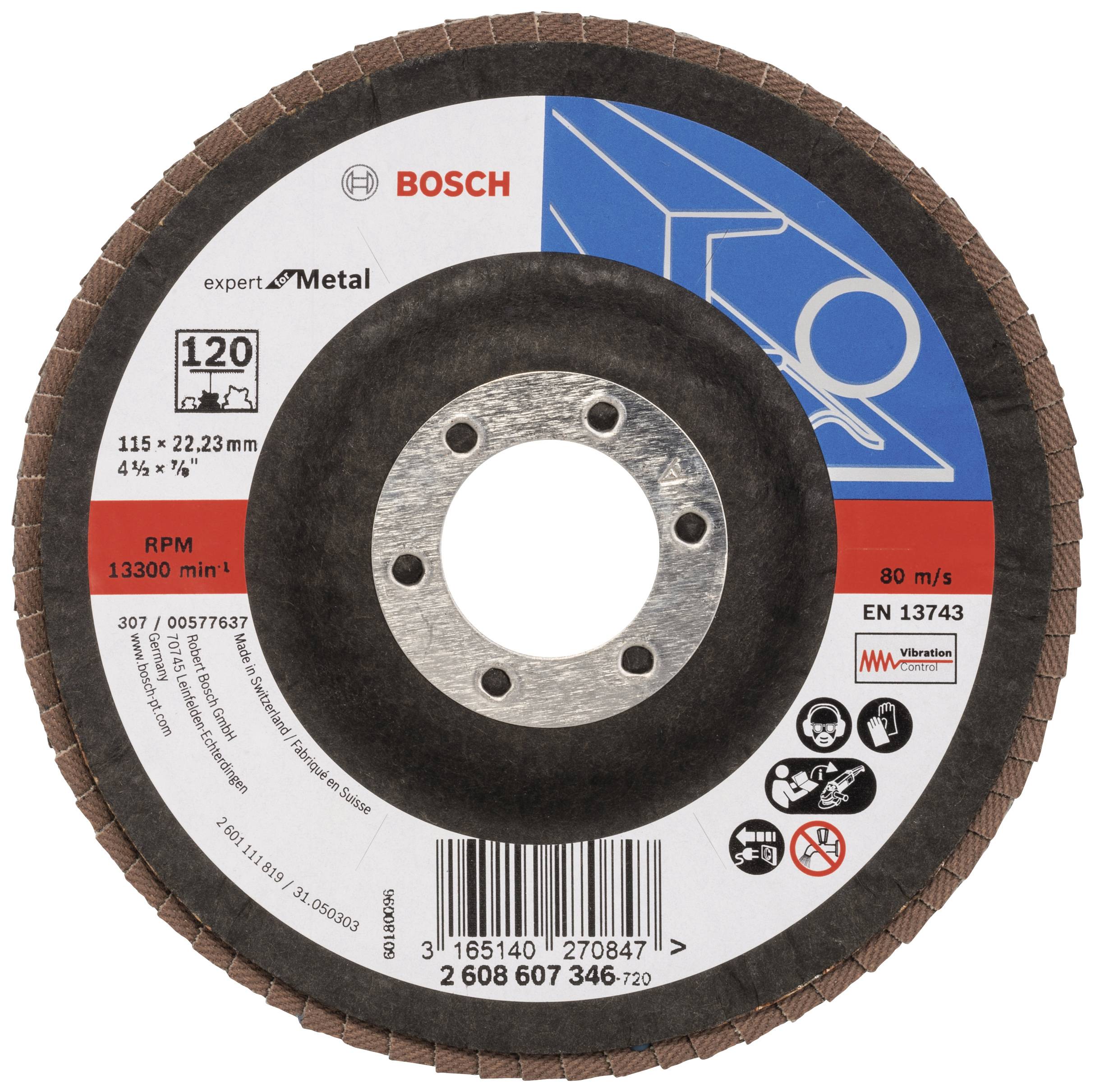 Brusni disk 'Bosch' za kovino, premera 115 mm, z odprtino 22,23 mm, največja hitrost 13300 obratov/min, z različnimi varnostnimi in kakovostnimi certifikati.