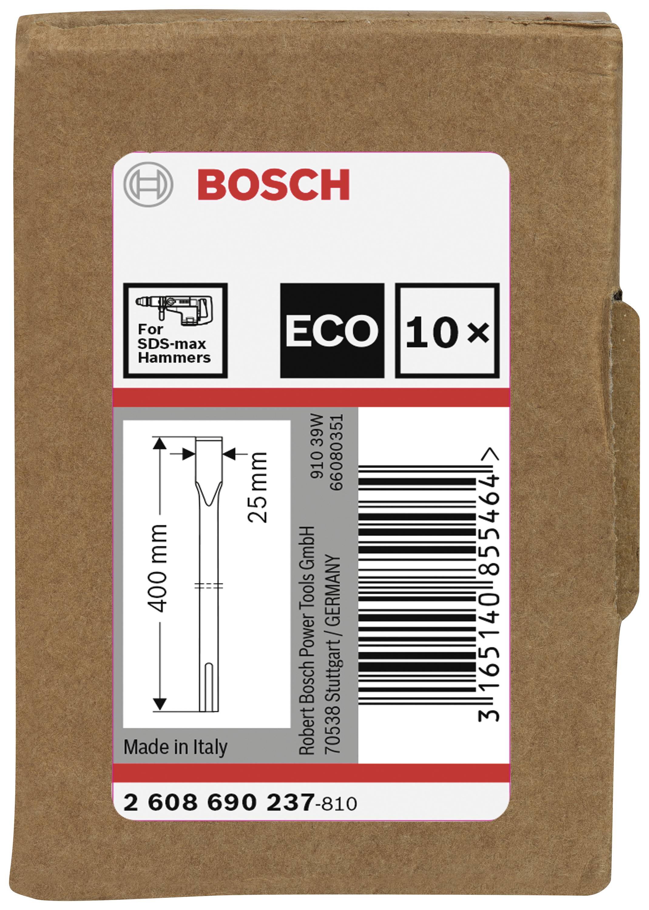 Rjava embalaža z logotipom Bosch, vsebuje 10 svedrov SDS-max, dolžina 400 mm, premer 25 mm, za obdelavo betona, izdelano v Italiji.