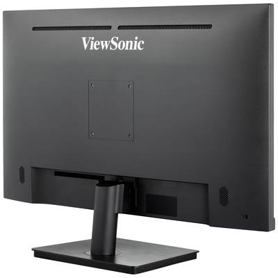 Črn računalniški zaslon od zadaj z napisom 'ViewSonic' na vrhu. Monitor je pritrjen na pravokoten podstavek.