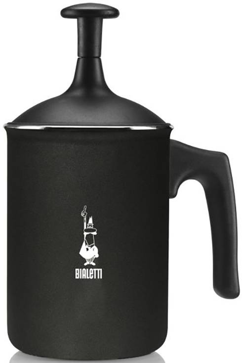 Črn penilec mleka z ročajem in pokrovom znamke Bialetti. Naprava za penjenje mleka za kavne napitke.