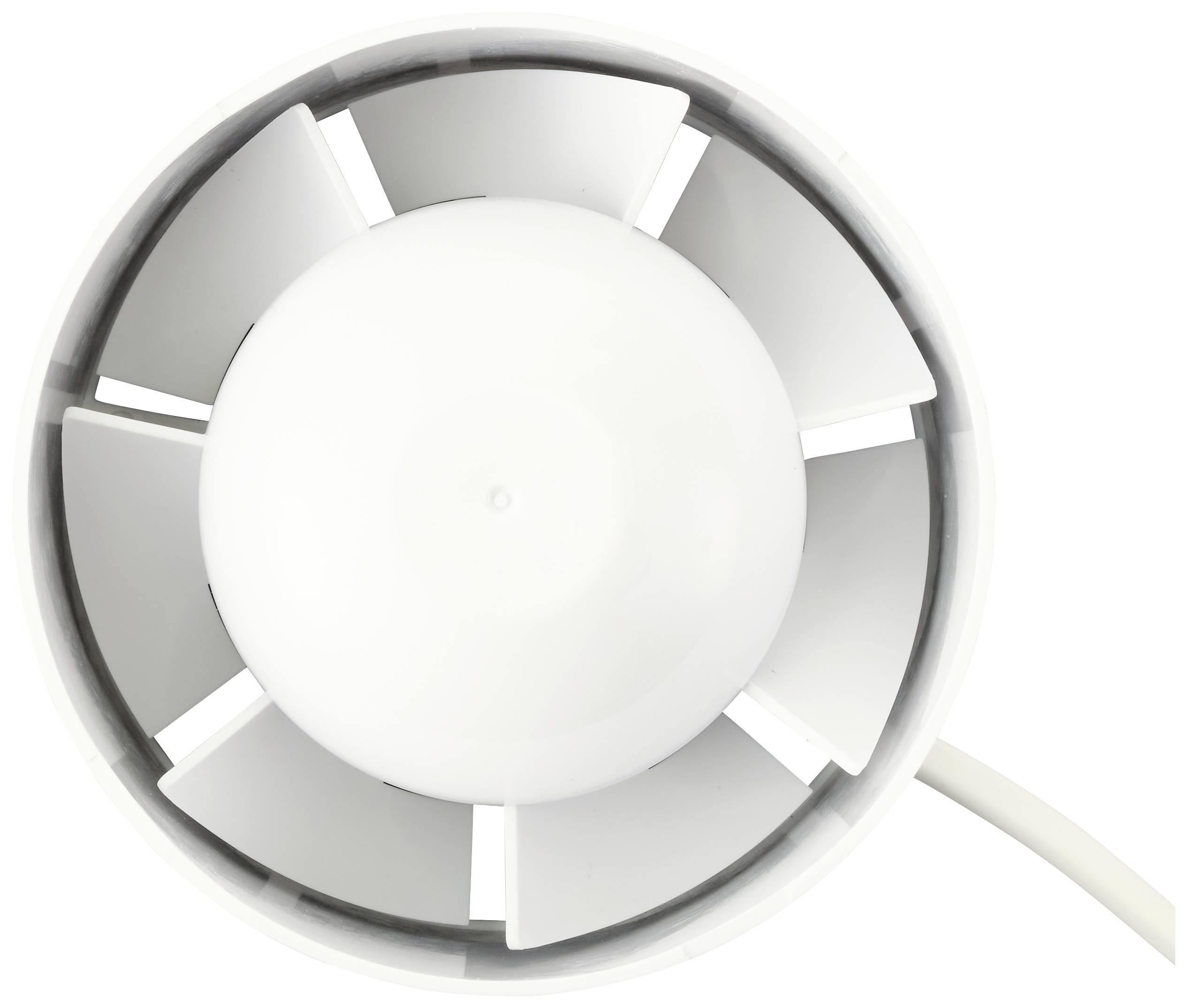 Bel prezračevalni ventilator, posnet od spredaj. Vidni so rotorski listi in ohišje. Naprava je namenjena kroženju zraka.