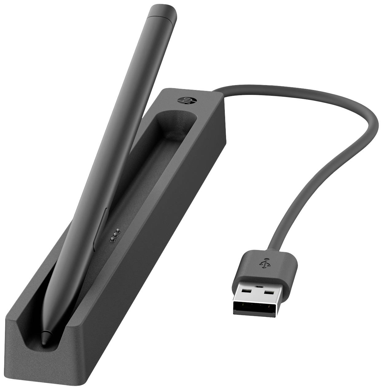 Črno digitalno pero v polnilni postaji z USB priključkom. Idealno za grafične tablice in digitalno risanje.