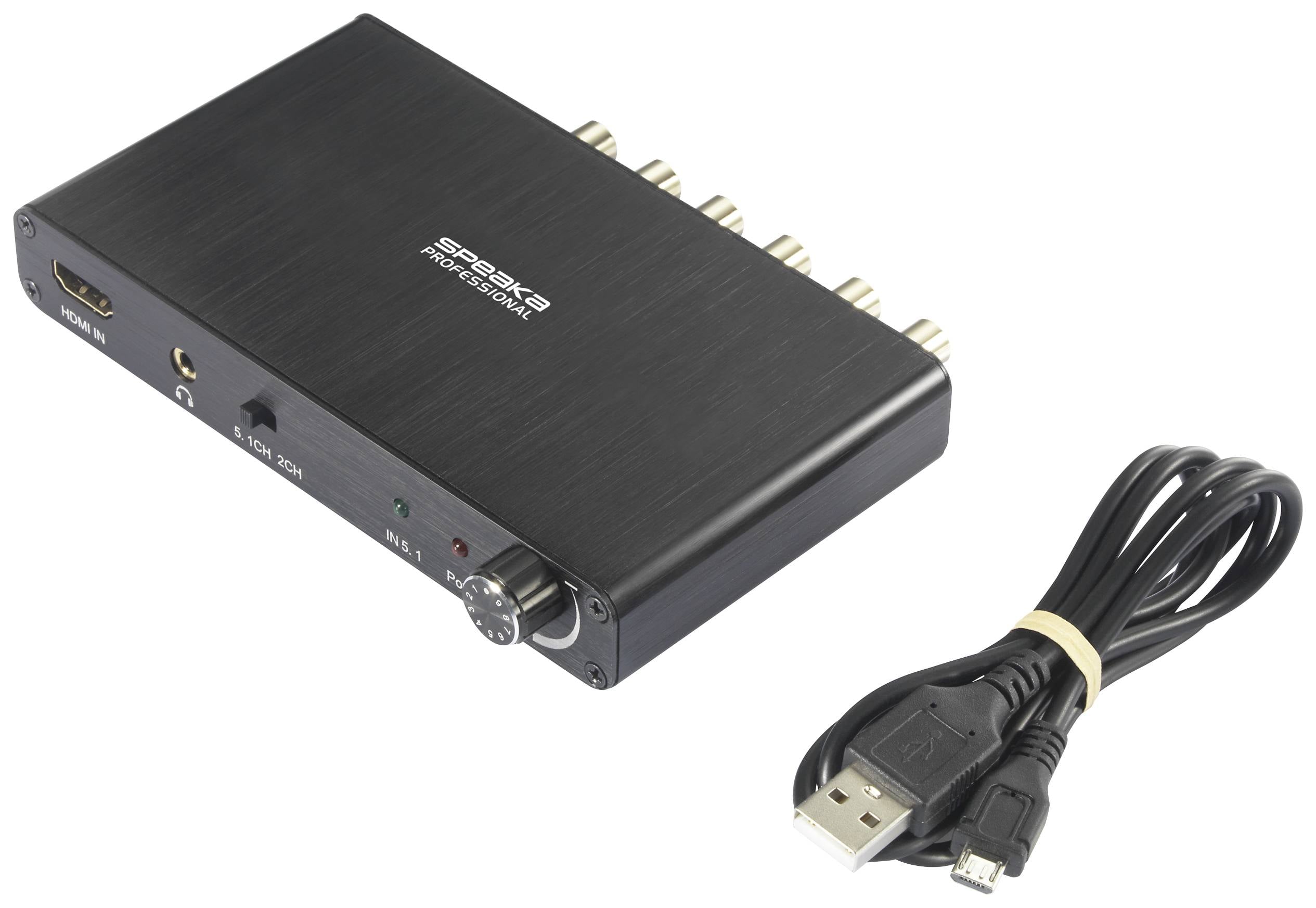 Zunvečvhodna zunanja zvočna kartica v črni barvi, ki vključuje optični in koaksialni priključek. Poleg nje je priložen USB-kabel.
