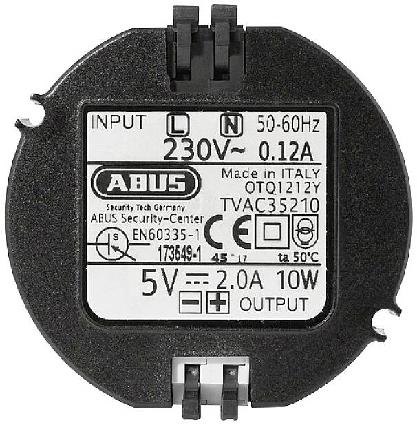 'Abus transformator, Vhod 230V 50-60Hz, Izhod 5V 2.0A 10W. Izdelano v Italiji, modelna številka TVAC35210, varnostni certifikati EN60335-1.'