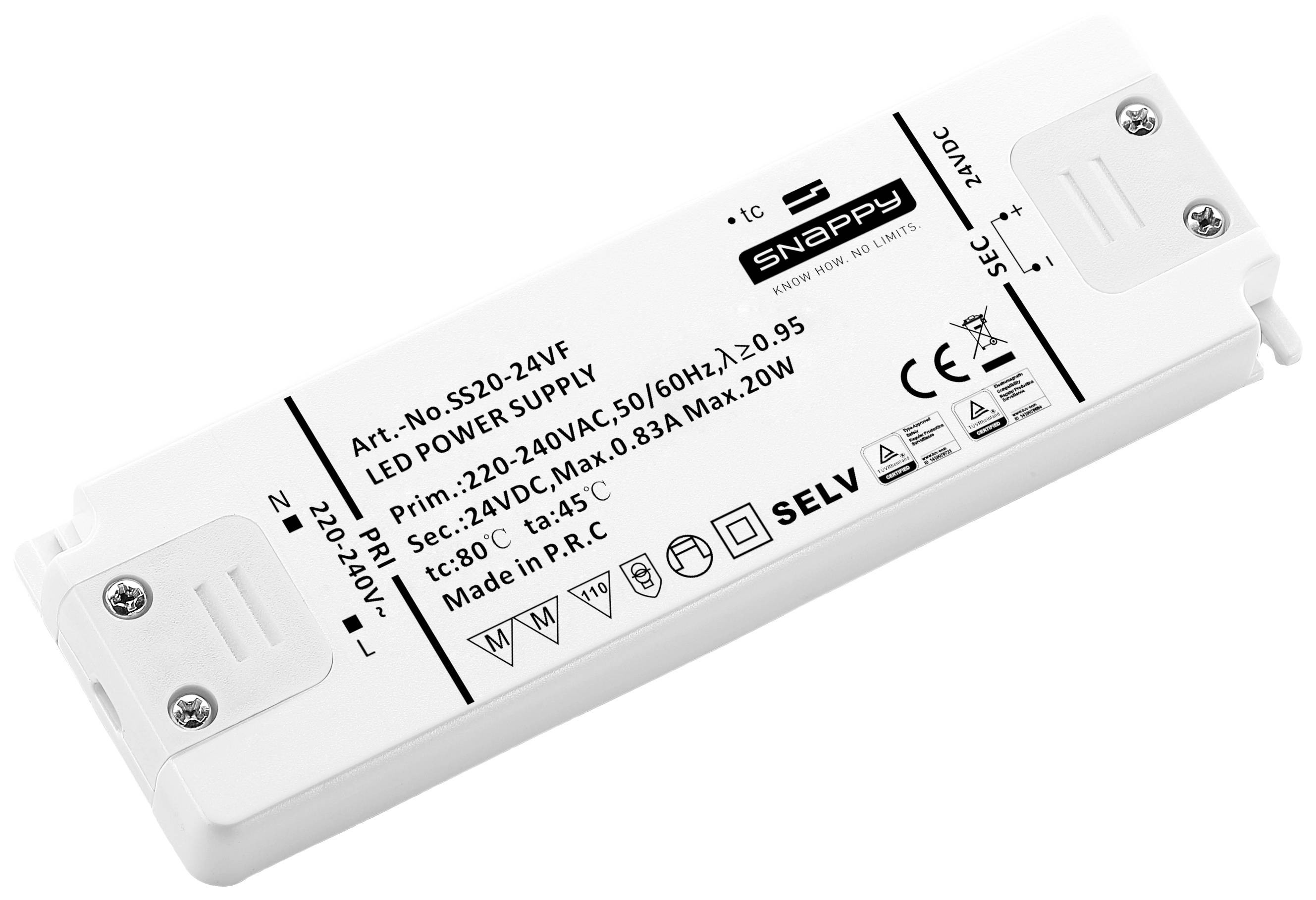 Napajalnik za LED-osvetlitev, model SS20-24VF, vstopno območje 220-240V, izhod 24V, maksimalna moč 20W, znamke Snappy.