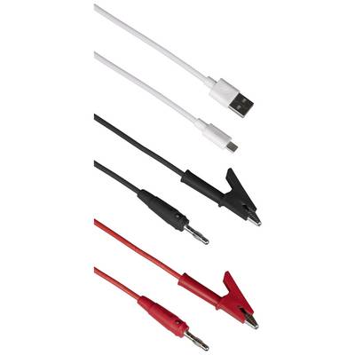Slika prikazuje tri različne kable: bel USB kabel, črn kabel s krokodilko in rdeč kabel s krokodilko.