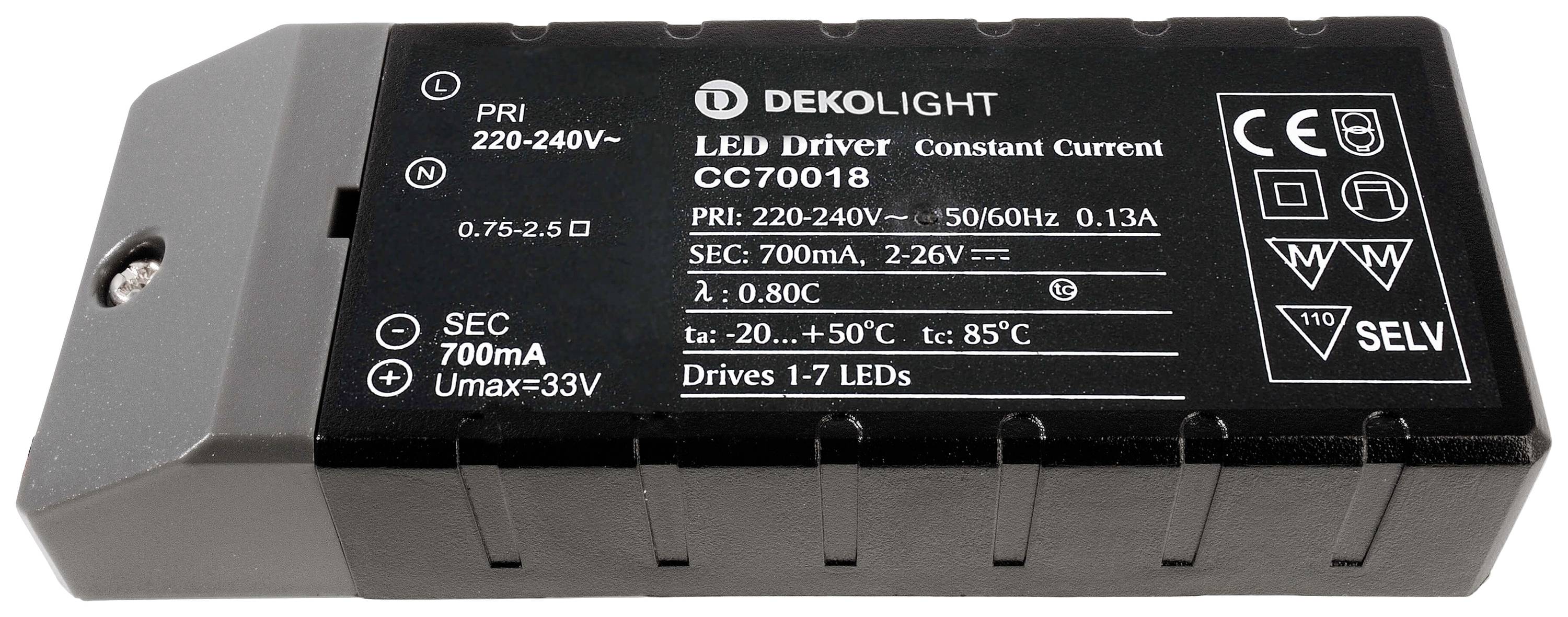 'DEKOLIGHT LED-gonilnik CC70018' z navedbami glede jakosti toka, napetosti in temperaturnega območja; primeren za 1-7 LED-diod.