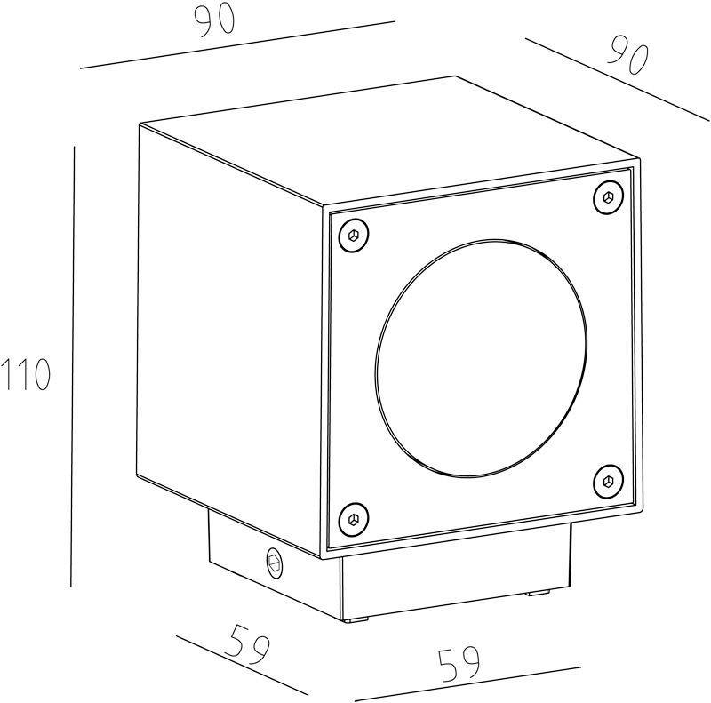 Tehnična risba kubičnega zvočnika z dimenzijami: 90x90x110 mm. Sprednja stran z okroglo odprtino in vijaki v vogalih.